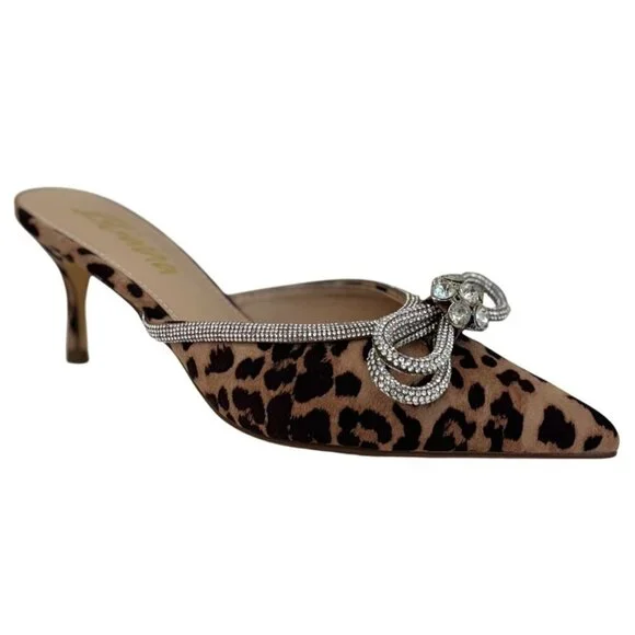 LILIANA / Romantic-1 Leopard Print / Pointed Toe Mules With Rhinestone Bow Embel - Picture 1 of 9
